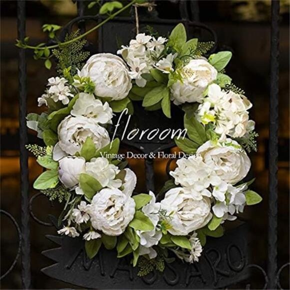 Floral Wreath,Door Wreath,Artificial White Peony Wreath for Front Door 15''-16'' - Picture 1 of 8
